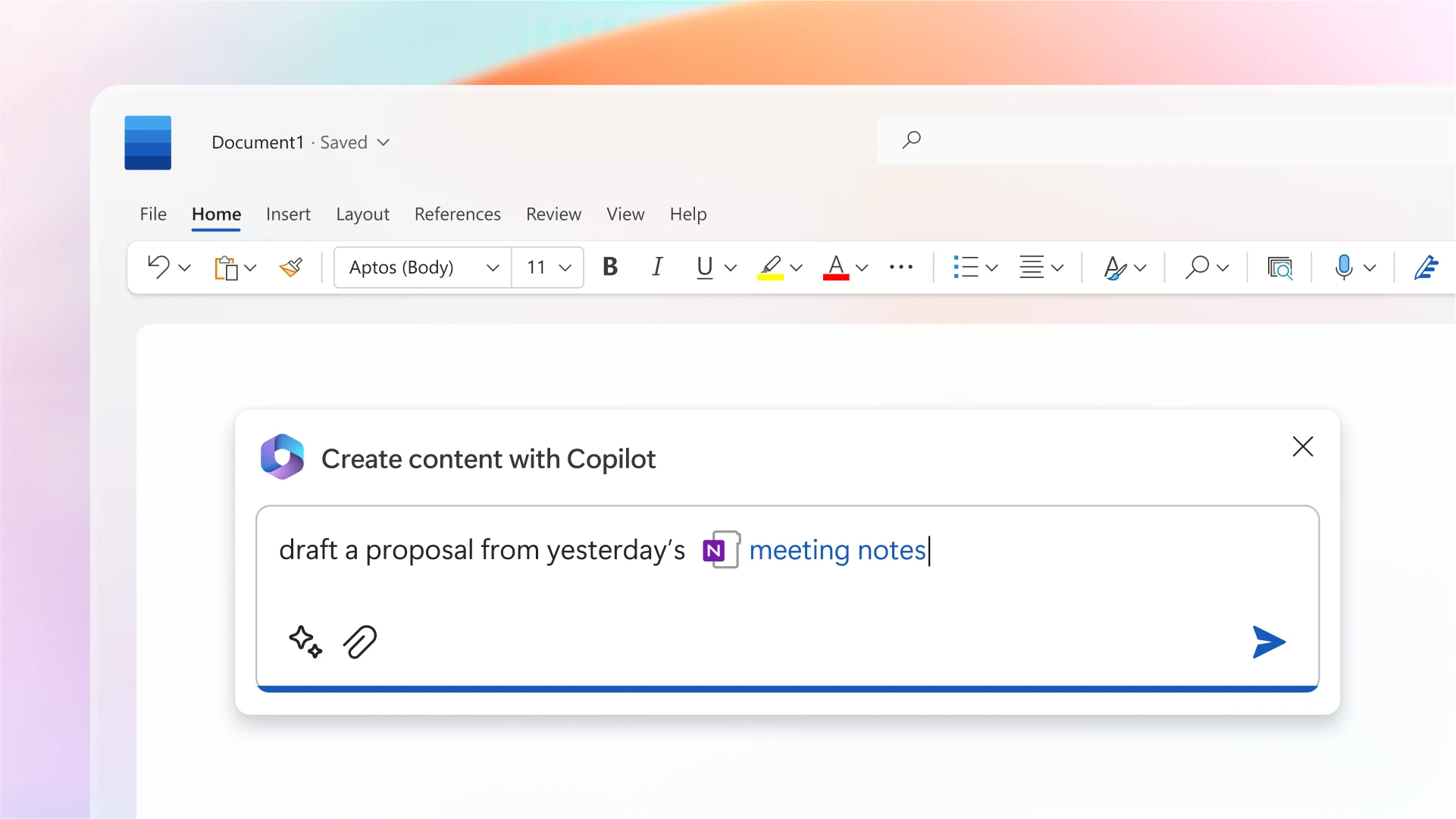 A screenshot of Copilot being used to generate a proposal from meeting notes.
