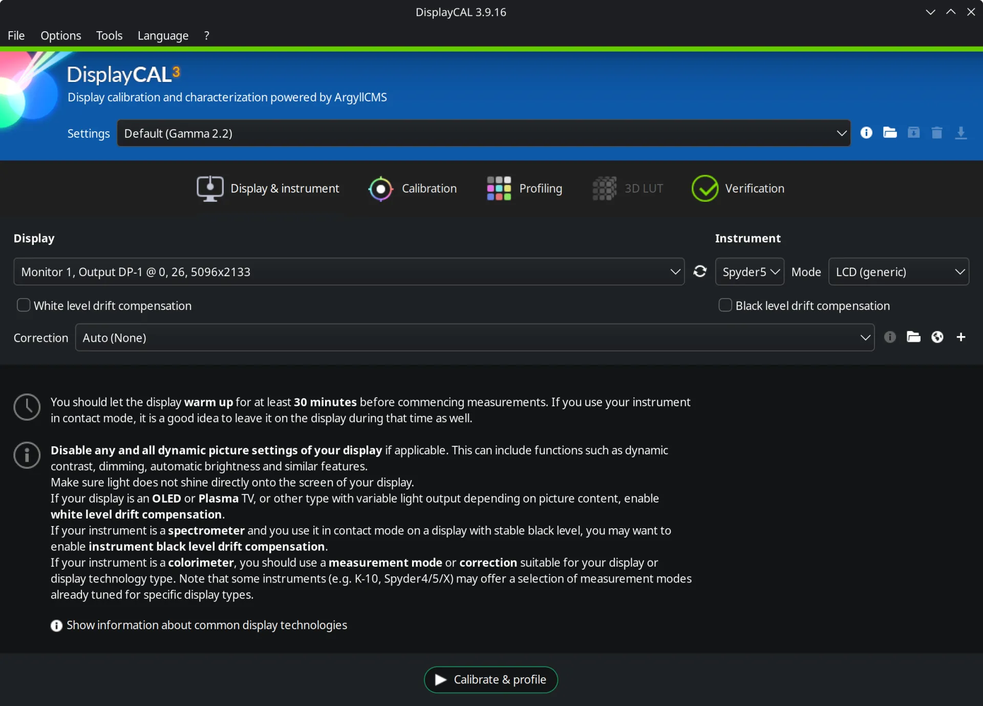 A screenshot of the home page of DisplayCAL.