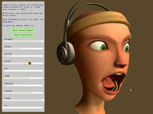 A picture of an animated 3D head of a woman with an open mouth next to a control panel that
allows the user to manipulate her facial expressions.